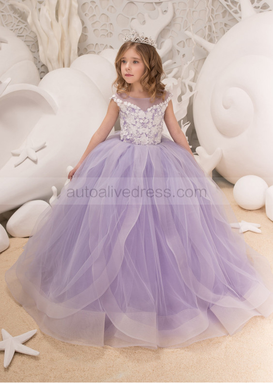 Violet Lace Applique Tulle Corset Back Long Flower Girl Dress